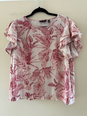 Rafaella Cream Linen Blend Blouse with Pink Botanical Print and Ruffle Sleeves
